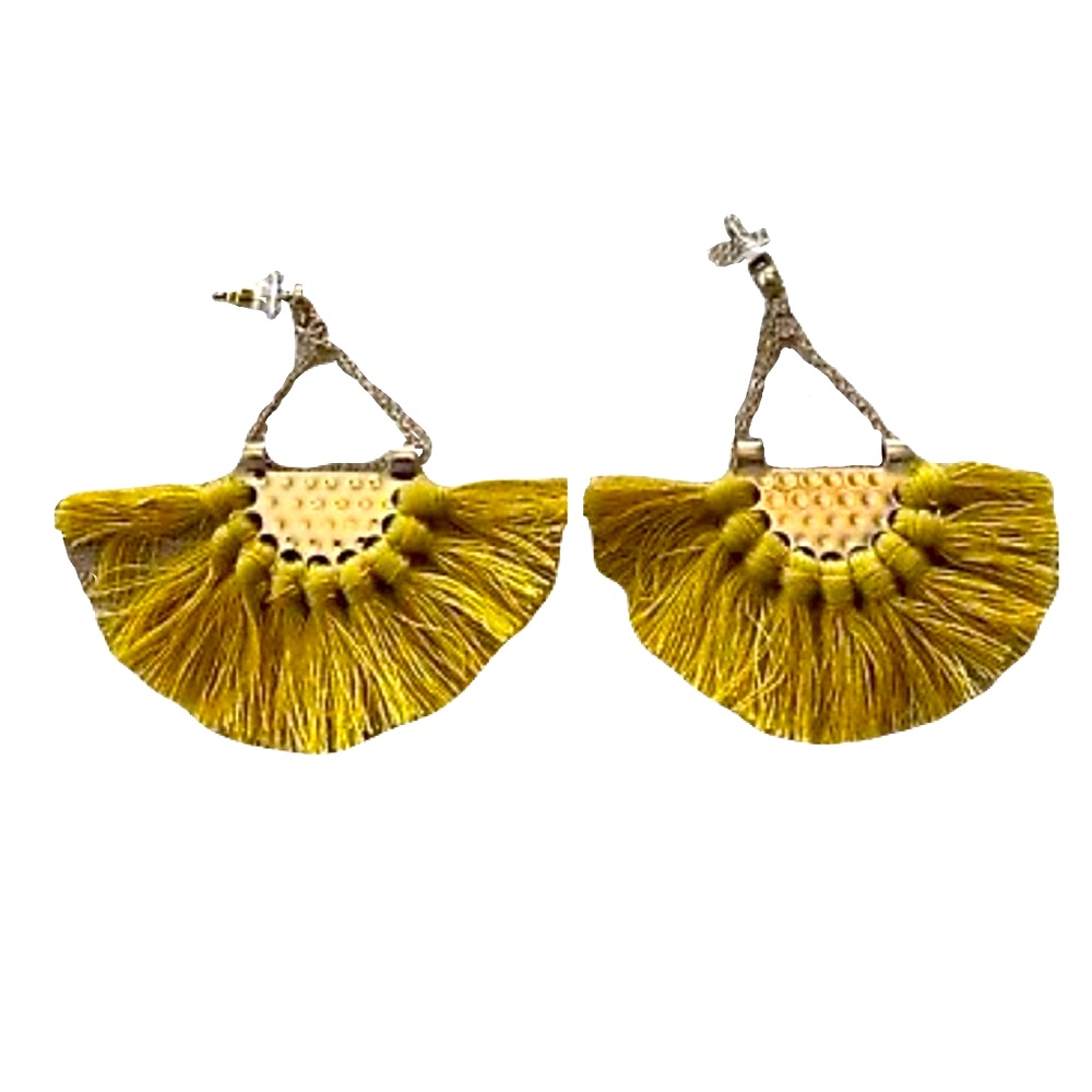 Vintage Bohemian Hammered Gold Mustard Yellow Tassel Chain Dangle Stud Earrings 18$
